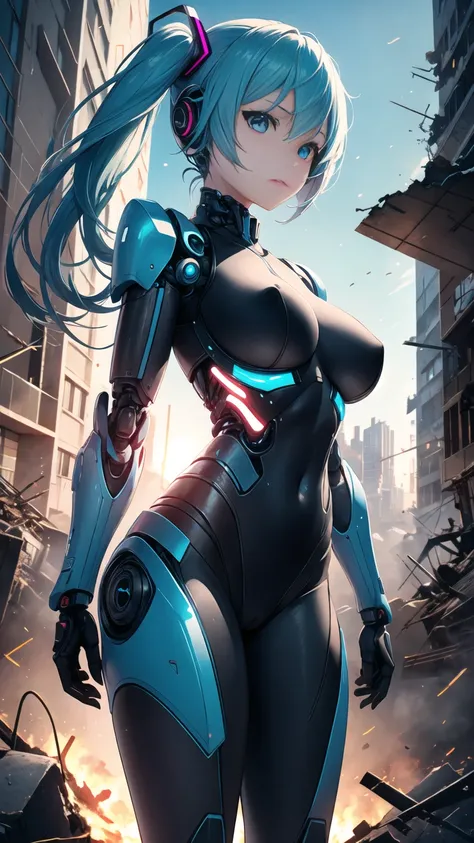 masterpiece、Highest quality、8K Hatsune Miku VOCALOID、Twin tails、Light blue hair、Bright Blue Eyes、Mecha Girl、Big Breasts、Ultimate toned physique、black tights、Highly sophisticated cyborg, Arms folded in front of the destroyed city, Bionic body with futuristi...