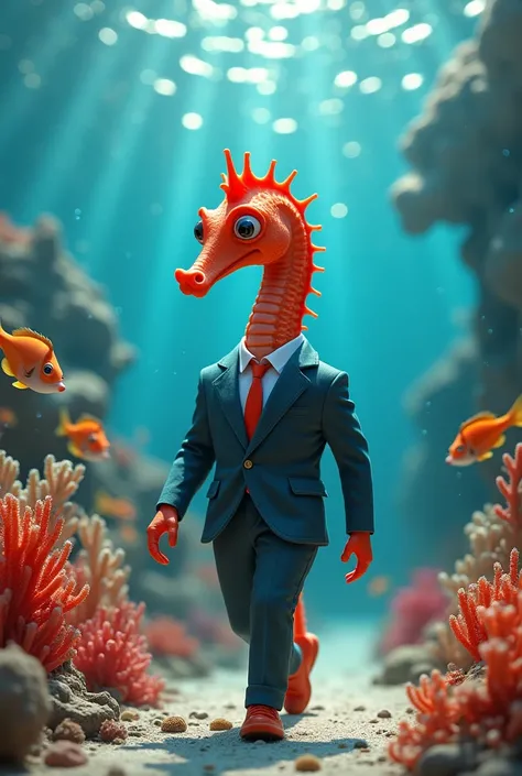 Cute baby Red sea horse with funny giant head wearing muscular business suit in realistic full body fashion show