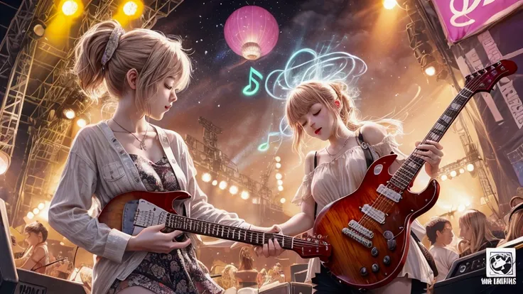 Draw a music festival poster，Playing electric guitar，Musical note elements