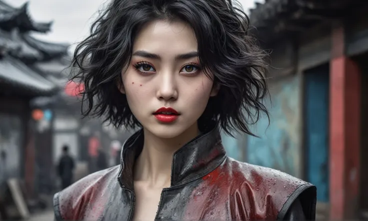 hyperrealistic cyberpunk young woman, short messy wavy black hair, white skin, brown horny eyes, inviting gaze, parted imperial red lips full body shot,Manganita Graphite Beggar is saved, He wants to eat,Korean psychiatric clinic covered in survival,cinema...