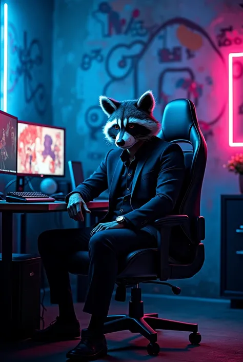 GTA character, a man wearing a raccoon mask and a black suit, sitting in a gaming chair 