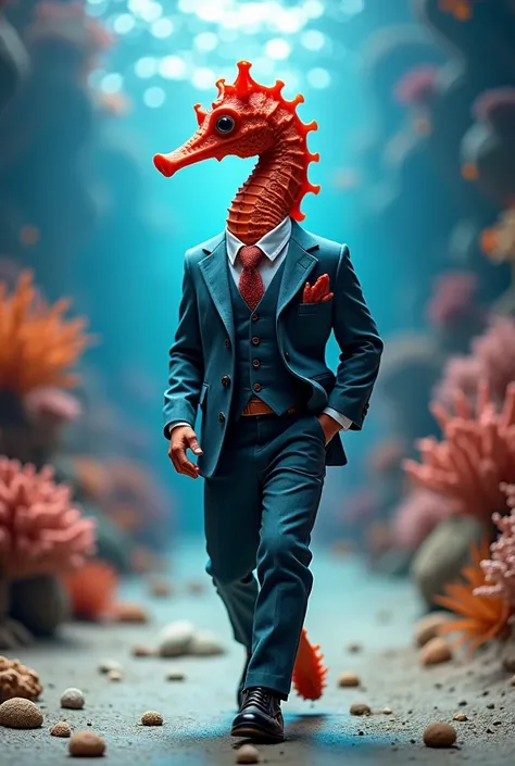 baby Red sea horse with funny giant head wearing muscular business suit in realistic full body fashion show