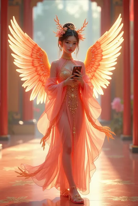 [Vision:1.0]，[Wide Angle:1.0]，Three-dimensional ancient style，Vibrant Chinese Aesthetics，Classical Girl with Angel Wings，Holding a cell phone in his hand，(whole body:1.4)，Vibrant colors，Sparkling clothing，Embraces Flashing Stone Texture，semi-transparent cr...