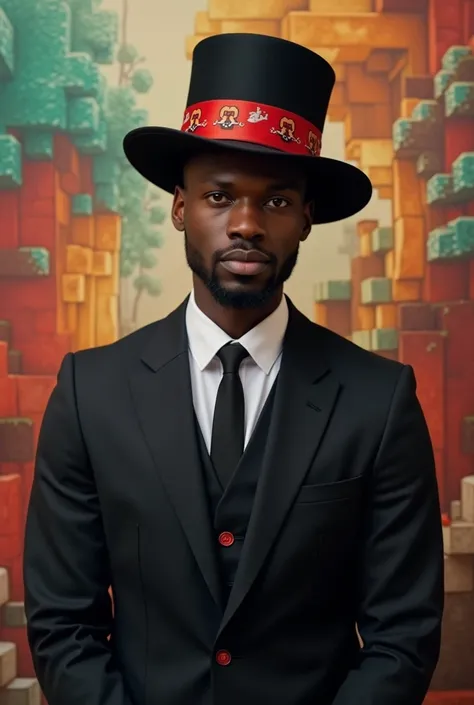 A brown-skinned man in a black suit, A black hat with a red ribbon in the middle of the hat and that has a Minecraft drawing style as if it were a skin