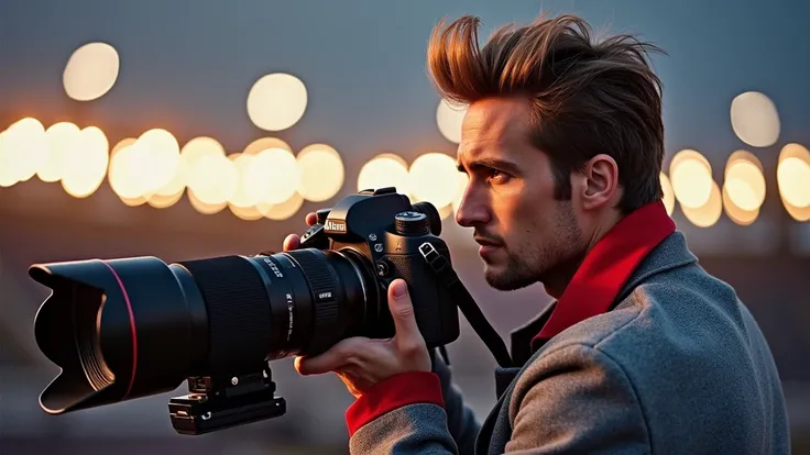 Profile portrait of a man in photography mode, fair complexion, hair styled upwards, holding black DSLR camera with extended lens, ready to capture a moment. He wears gray jacket with red collar, amidst blurred outdoor setting with hint of stadium lights a...