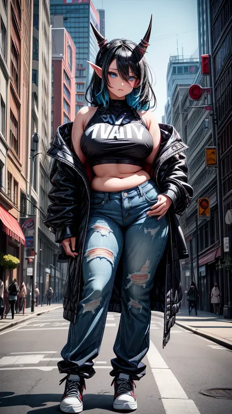 Adult female, curvy body, thick body, DD size breasts, dark BLACK hair, shoulder length hair, dark BLACK hair in a shoulder length wolf cut, light cyan blue eyes, twisty ram HORNS on top of head, elf ears, mature face, very beautiful, loose top, pants, pun...