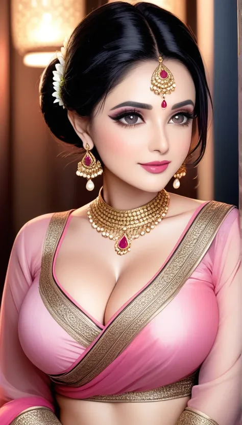 (1woman, mature, hair  bun , full sleeve blouse,light light pink bold saree,  traditional Indian long jhumka earrings , detailed alluring , saggy breasts ,makeup, cleavage,pink lipstick ,black hair, eyeliner, eyeshadow,navel, cleavage 