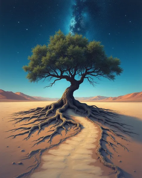 loneliness: A solitary tree in the middle of a desert, with roots that extend towards a starry sky and that has a road. Easy to paint