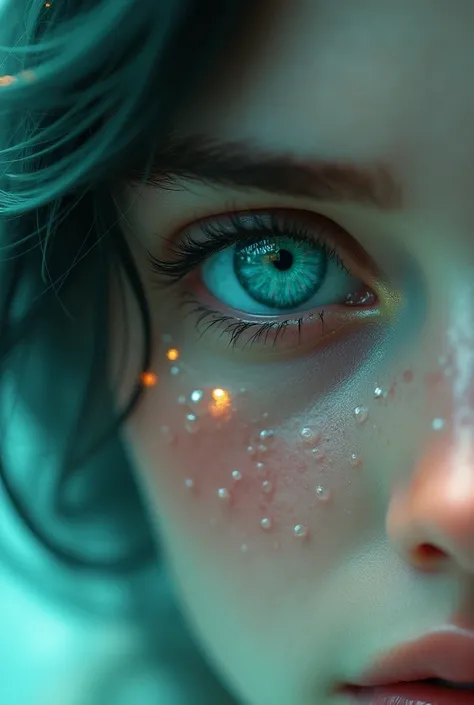 Light teal eyes in tears, with water-like green teal reflexes (aquamarine looking eyes)