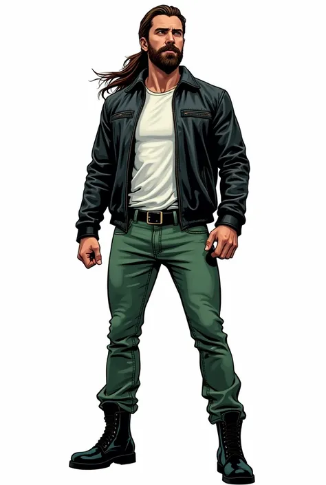 Create a comic book style drawing, bright coloured, high qualiy, a 35-year-old white man, 90 kilos, medium size, long dark brown hair tied in a ponytail, barba, black leather jacket, white undershirt, green jeans, Black boots, Apocalypse theme, drawing wit...