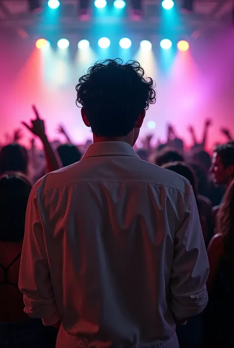 Create a realistic masculine photo of actor Evan Peters, backwards, obscure lenses, with black hair, White clothes, being a spectator at a concert