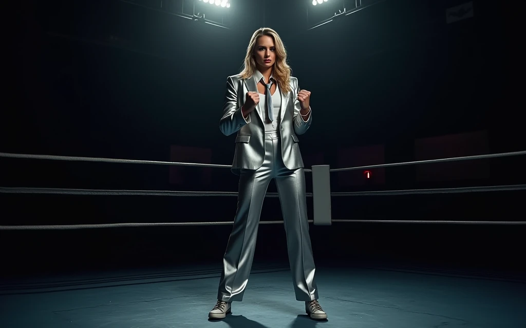 Female wearing suit and tie intense fighting in boxing ring, shiny tight silver suit, (three-piece suit), pants suit, necktie, pantyhose, waistcoat, dynamic lighting, in the dark, deep shadow, low key, cowboy shot full-lenght body,fight stance, taunting, w...