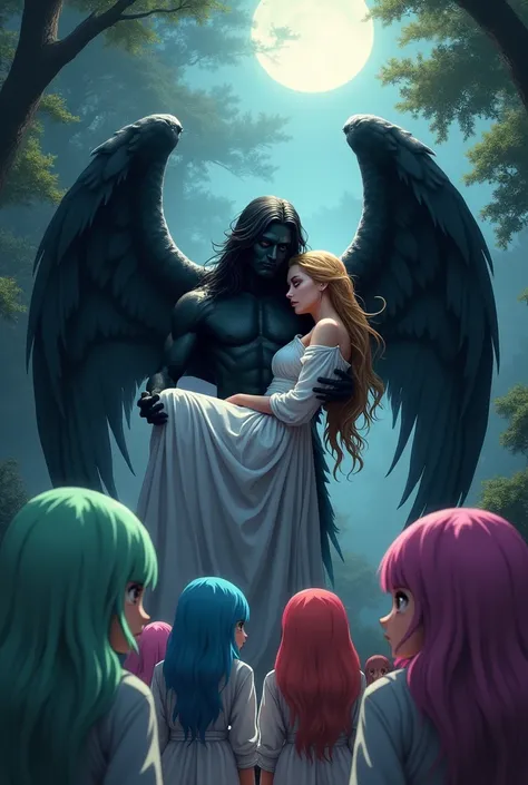 Black angel defending a beautiful woman in white from a pack of anime-style people while carrying her in his arms and using his wings as a shield 