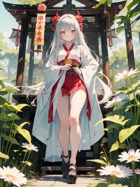 High definition、anime、A pure girl dressed in a shrine maidens outfit、Flowers sprout from beneath your feet、１８age、Halfred with long silver hair、Full body portrait、hide thighs、Wearing clogs、A long-sleeved miko outfit、Large eyes like opals、Powerful eyes、Dance...