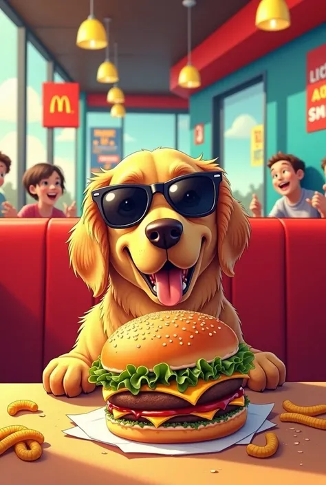 A dog eating at McDonalds wearing sunglasses