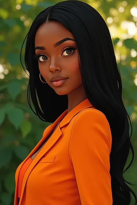 Create for me a female character with brown eyes, Oval face, slightly square, with straight black hair parted in the middle, thick lips, brown skin, seemingly dressed decently in orange clothes. 