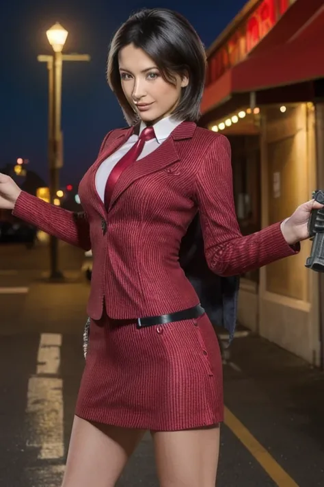 Highest quality,Ultra HD,8k,(Beautiful 30 year old Eurasian hitwoman), (Short bob silver hair 1.8), (Beautiful white skin), (Cool and sharp beauty), Red skirt suit 1.5, (((Three-piece suit))), (((Dress shirt))), (((Red tie))), Red blazer,(Thigh 1.2,Large B...