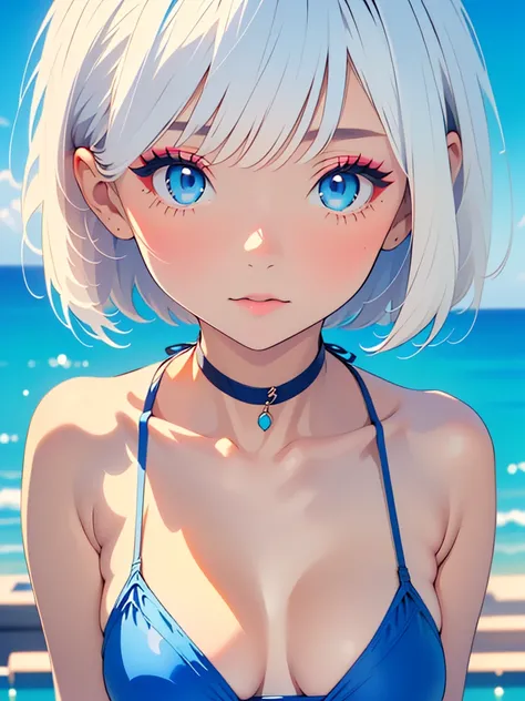 A cute girl in a swimsuit（original bikini swimsuit）(Small body) (Little Girl:1.5), (blonde:1.5）(eyelash:1.2)(eye shadow:1.3) (Blue eyes:1.5), (Beautiful fine details:1.4) (Short Bob Hair:1.4), (Blue eyes)(Big Breasts:1.3) (White skin:1.2)Height: 130cm, ori...