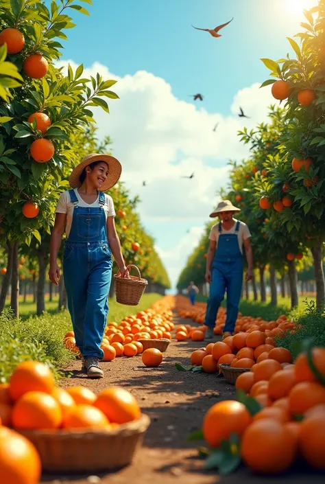 Make an image of an orange farm where the workers are harvesting the orange crop from trees