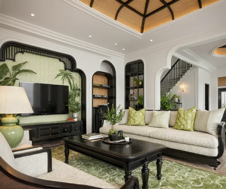 indochine livingroom, rattan ceiling, wall painting, tv cabinet, decorative shelf, black wooden frame door,stair, railing, fabri...