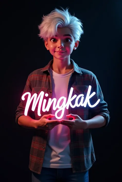 logo 3D, a handsome 17-year-old youth,With white hair, wearing a checkered shirt and t-shirt, holding a glowing TikTok logo, displaying “MINGKAK” Indonesian text with perfect spelling, hyperrealistic, black background