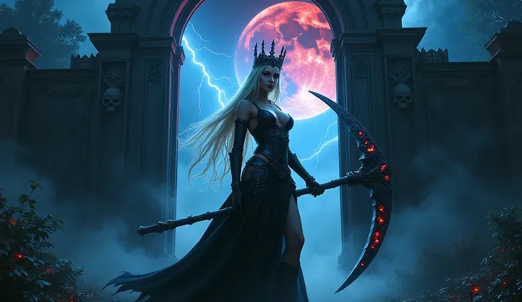 In this masterpiece, a stunning (sexy death goddess), (Clara Morgane:1.3), stands at the center of the frame, radiating an aura of mystique and beauty. The ultra-detailed 4K image presents her in front of a (black mana vortex:1.3) framed by the (huge gates...