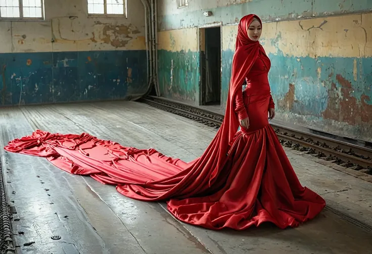 A rusian woman shrouded in a 7-meter-long, plush red satin cloth, tightly bound and grandly draping along the form of her body, flowing off into a pooled floor-length train, styled in a mermaid-inspired outfit, her head modestly veiled in a satin hijab, ta...