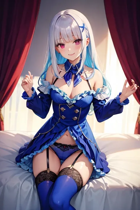 Highest quality, A seductive smile, In underwear,Frills,Lace panties,Blue tights