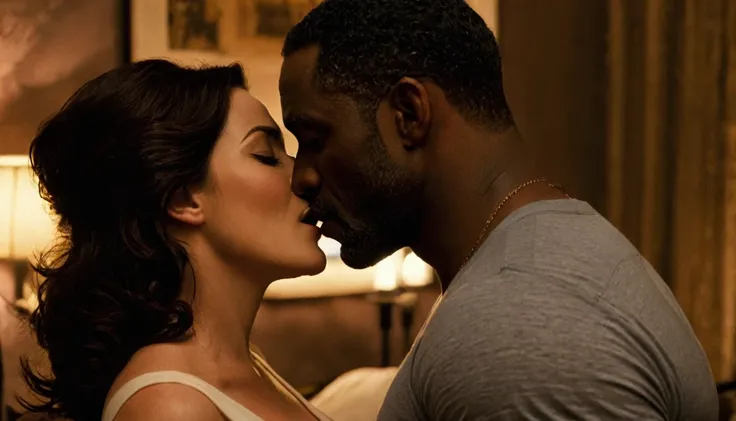 Nigella Lawson and a handsome African American male whose facial features are a combo of Blair Underwood + Idris Elba + Taye Diggs share a steamy kiss inside a bedroom lit only by candlelight. Nigella has lovely makeup on her face. Nighttime. Romantic ambi...