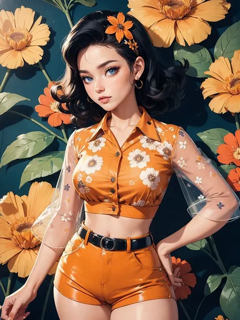 (((Masterpiece))), a top influencer woman, top quality, super detailed, cute and spunky, retro 60s style, fair skin, short curly black hair with flower clips, orange button up crop top transparent floral print sleeves, brown high waist button up shorts, re...