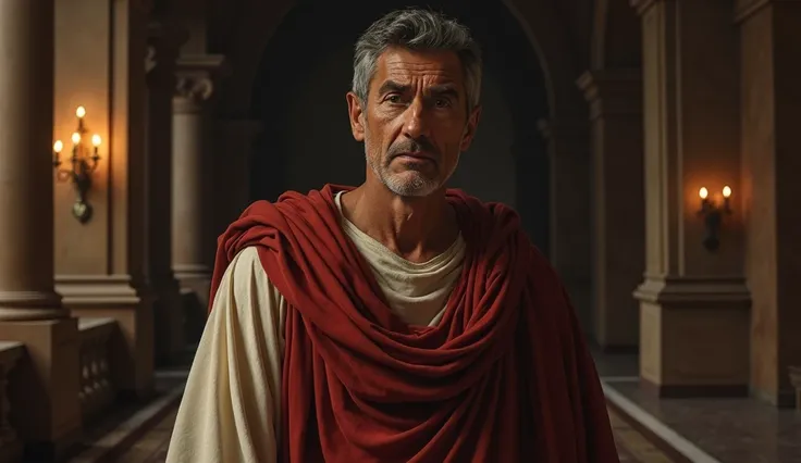 An emotional portrait of Pilate in a solemn setting, with an expression of regret and reflection. The background is a mixture of Roman and religious elements, with a soft light.