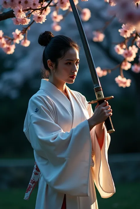 A very beautiful and glamorous 40-year-old woman, she is wearing a beautiful white Japanese kimono and standing in a Japanese garden at night, holding a Japanese sword in a very cool pose.。Very large, pendulous breasts、a perfect glamorous mature womans pro...