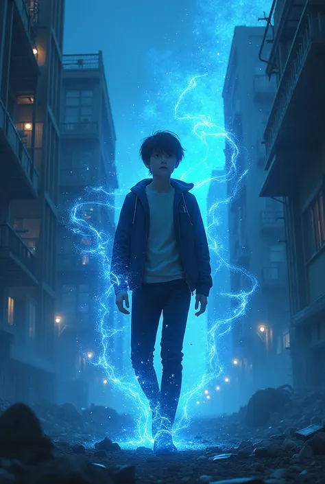 (17 year old boy in soul body with blue and black ray particles emitting around him.), 3D rendering, movie special effects, movie lighting, ruined city, clear HD, not detailed, Digital paint, Conceptual art, Shinkai Makoto Steering Wheel, pop popularizatio...