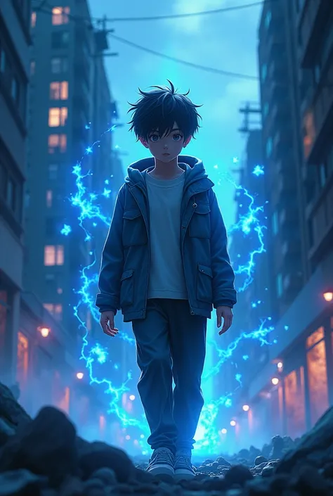 (17 year old boy in soul body with blue and black ray particles emitting around him.), 3D rendering, movie special effects, movie lighting, ruined city, clear HD, not detailed, Digital paint, Conceptual art, Shinkai Makoto Steering Wheel, pop popularizatio...