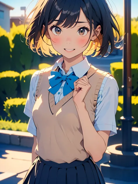 masterpiece, highest quality, Confused, Perfect Anatomy, 1 girl, alone, Itsuwa,short hair,Black Hair,Brown eyes,smile,blush,Open your mouth,Happy atmosphere,break skirt, shirt, bow, ribbon, , white shirt, Short sleeve, Pleated skirt, collared shirt, mini s...