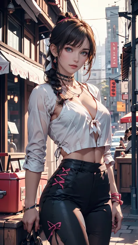 24-year-old woman、Attractive Young Woman, (Beautiful Face:1.1), Detailed eyes, Seductive lips, (eye make up:1.2), (Medium chest:1.0), (Toned body:1.2), Sexy proportions、Narrow waist、hair band((hair ribbon))、Braided ponytail((braided ponytail))、No sleeve、Ch...