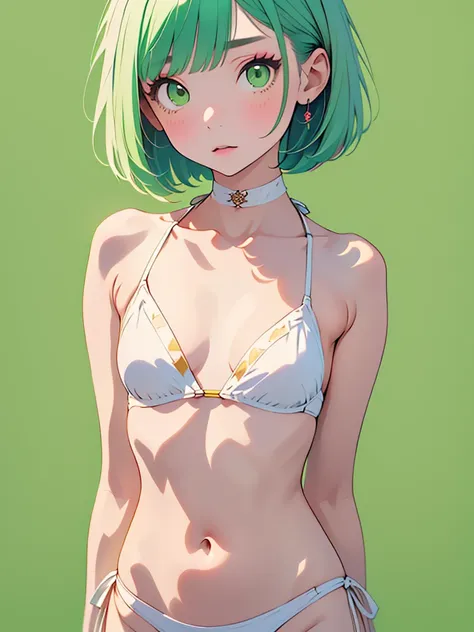 A cute girl in a swimsuit（original bikini swimsuit）(Small body) (Little Girl:1.5), (platinum:1.5）(eyelash:1.2)(eye shadow:1.3) (Green eyes:1.5), (Beautiful fine details:1.4) (Short Bob Hair:1.4), (medium Breasts:1.3) (White skin:1.2) original character,