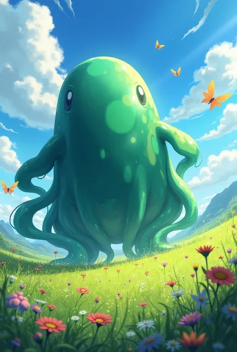 Slime　looks strong　big　grassland　anime　Close to Angle　grow