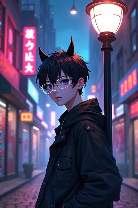 A pale anime boy with black slicked back hair with white square glasses, a black cap and horns