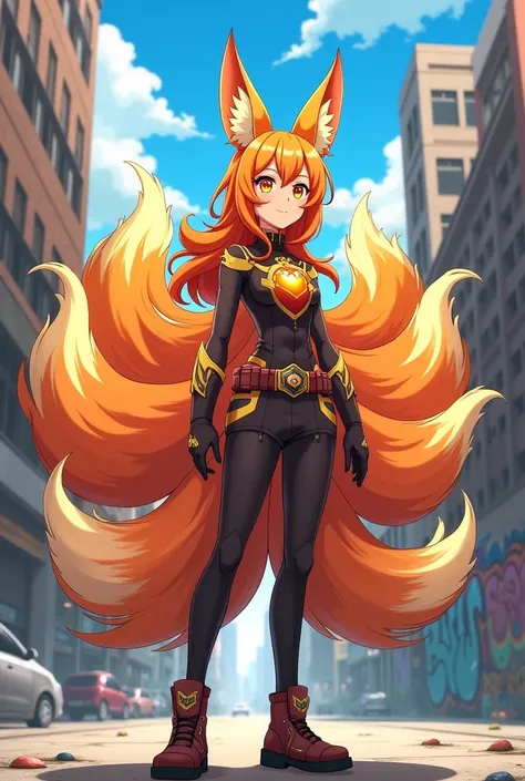 Create a girl with orange hair in the anime style of My Hero Academia, who has a hero costume inspired by the kitsune fox with 9 tails.