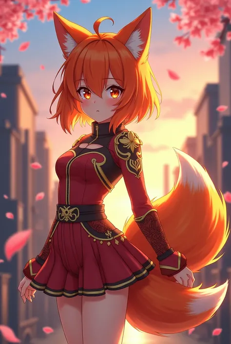 Create a girl with orange hair in anime boku no hero style and who has a somewhat short hero costume inspired by the kitsune fox and who has 9 tails