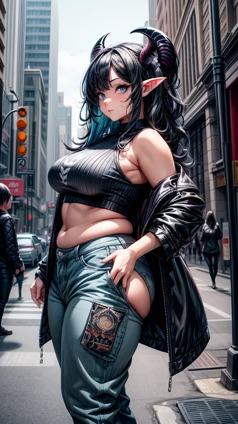 Adult female, curvy body, thick body, DD size breasts, dark BLACK hair, shoulder length hair, dark BLACK hair in a shoulder length hairstyle, light cyan blue eyes, Curly ram HORNS on top of head, Horns on head, elf ears, mature looking face, very beautiful...