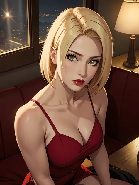 High resolution, masterpiece, perfect lighting, bloom, cinematic lighting, adult, Perfect skin, female, (looking at the viewer:1.4),Alone, Realistic skin, eyeliner, realistic red lips, (photorealistic), swollen eyes, evening, straight blonde hair, neckline...