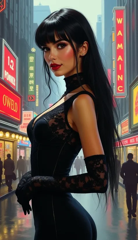 High-quality realistic acrylic art, vivid colors, lateral point of view, a beautiful vintage european woman with long black straight hair, bangs, looking at the viewer with suspicious face and a shy smile, red lips, she wears silk lace black suit, tight la...