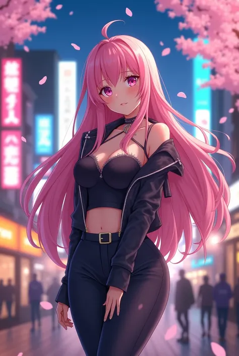 Anime girl, pink long hair, big breast, full body.