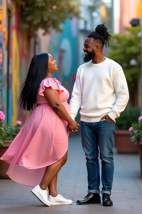 White, overweight woman , black, straight hair , pink dress and white sneakers holding hands with a brown-skinned man , with Afro-Caribbean braided hair , white sweater and jeans , black shoes 