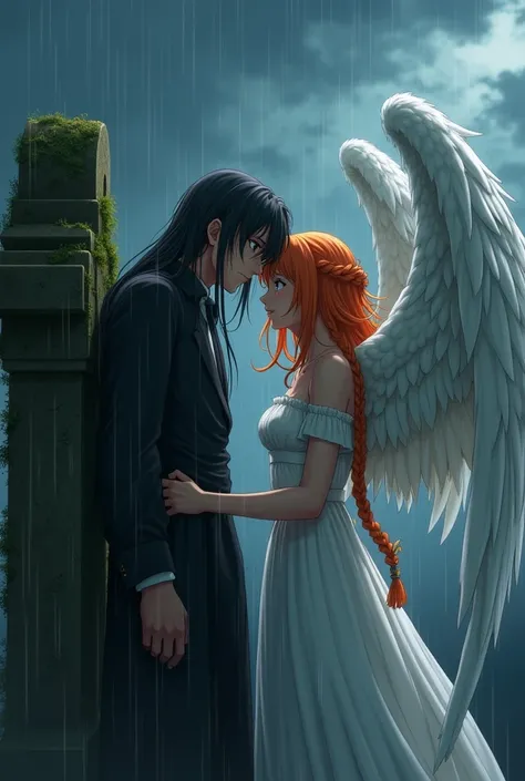 A guy with long black hair, gray eyes, Beautiful face, beautiful body, He sits leaning against a tombstone, It&#39;s raining, crying, A guy with orange hair and blue eyes is standing nearby., Beautiful face, beautiful body, Angel wings, One wing is raised ...