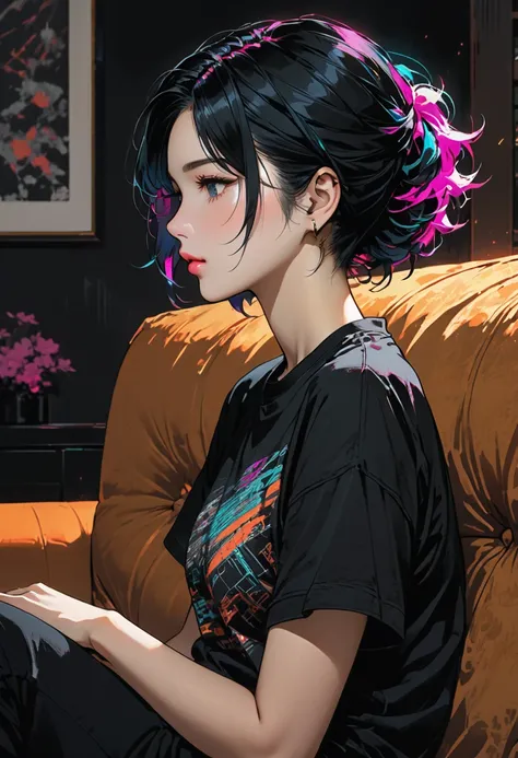 Highest quality, sketch:1.2),Realistic,Illustrator,anime,1 , Detailed lips,custom,Neon Hair,Texture Cropping,masterpiece, Style: Retro Classic, Dark Black、Breaking the photo、have、Sitting on the sofa、Black Hair、Large T-shirt、profile