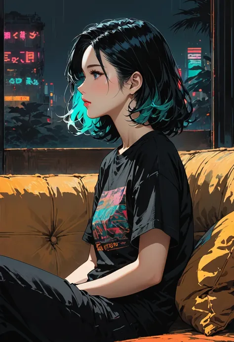 Highest quality, sketch:1.2),Realistic,Illustrator,anime,1 , Detailed lips,custom,Neon Hair,Texture Cropping,masterpiece, Style: Retro Classic, Dark Black、Breaking the photo、have、Sitting on the sofa、Black Hair、Large T-shirt、profile