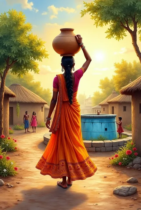 An Indian woman fetches water from her head watercolor painting theme wide shot 